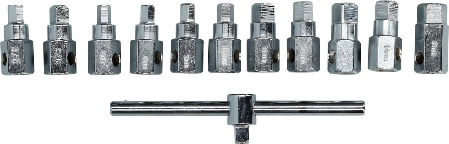 Zestaw narzędzi do zaworów motocyklowych z dziesięcioma różnymi końcówkami i uchwytem T. Narzędzia wykonane są z metalu i służą do konserwacji zaworów.