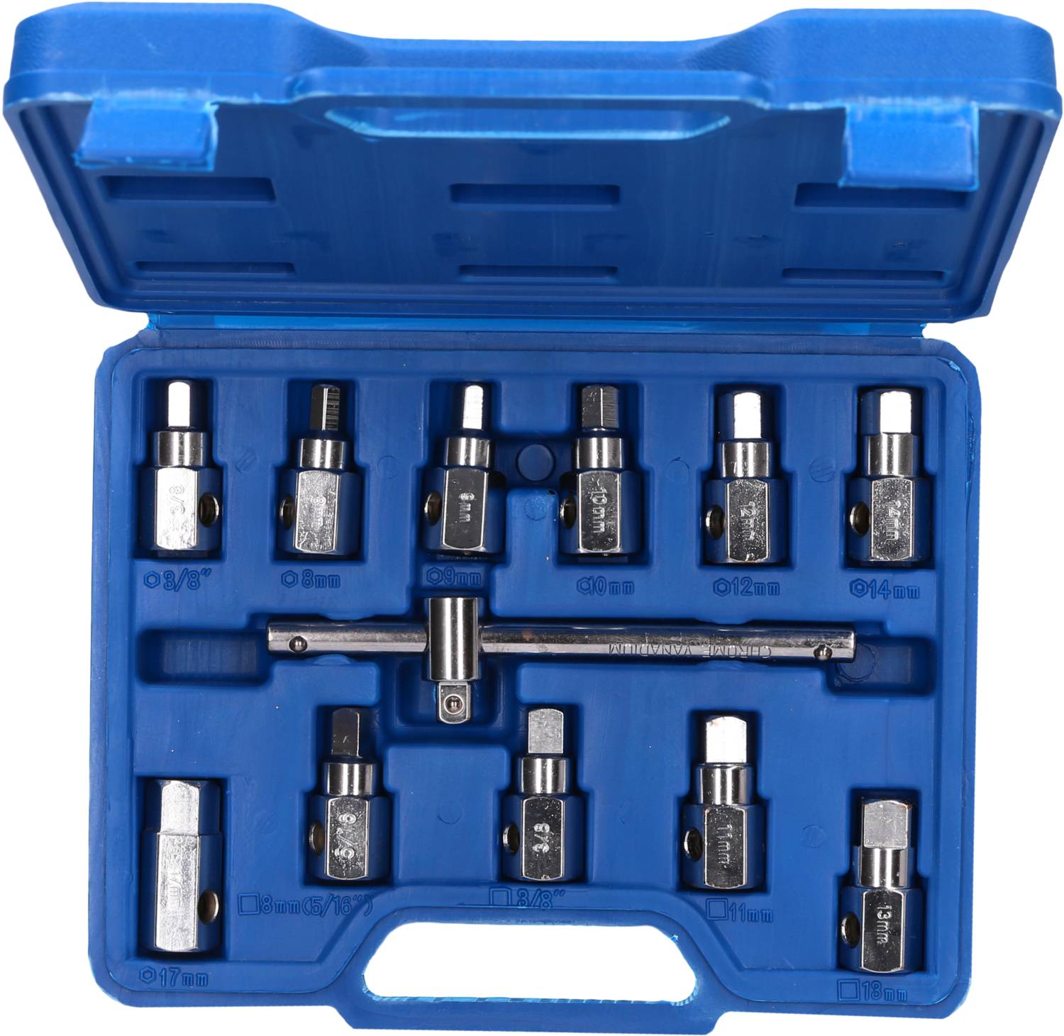 Niebieski kufer z dziesięcioma kluczami nasadowymi i przedłużką, podzielony na dwie rzędy. Oznaczone różne rozmiary.