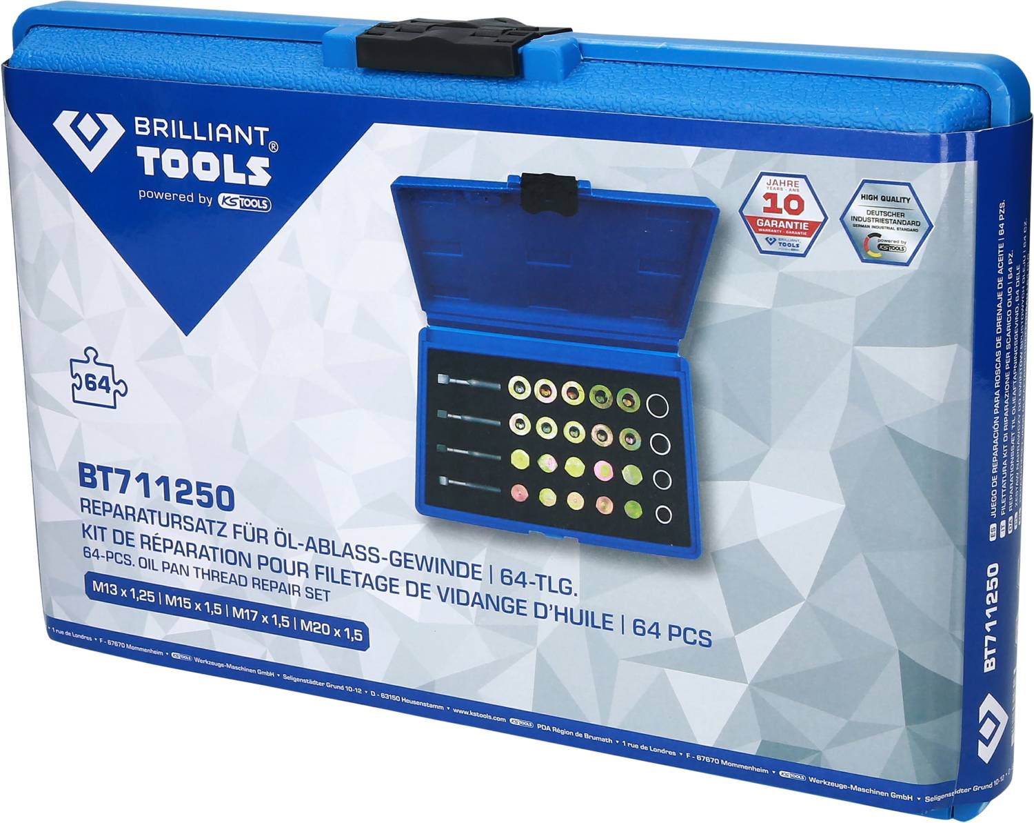 Zestaw naprawczy 'Brilliant Tools' do gwintów spustowych oleju, 64-elementowy, w niebieskim twardym etui, z 10-letnią gwarancją i ilustracją akcesoriów.