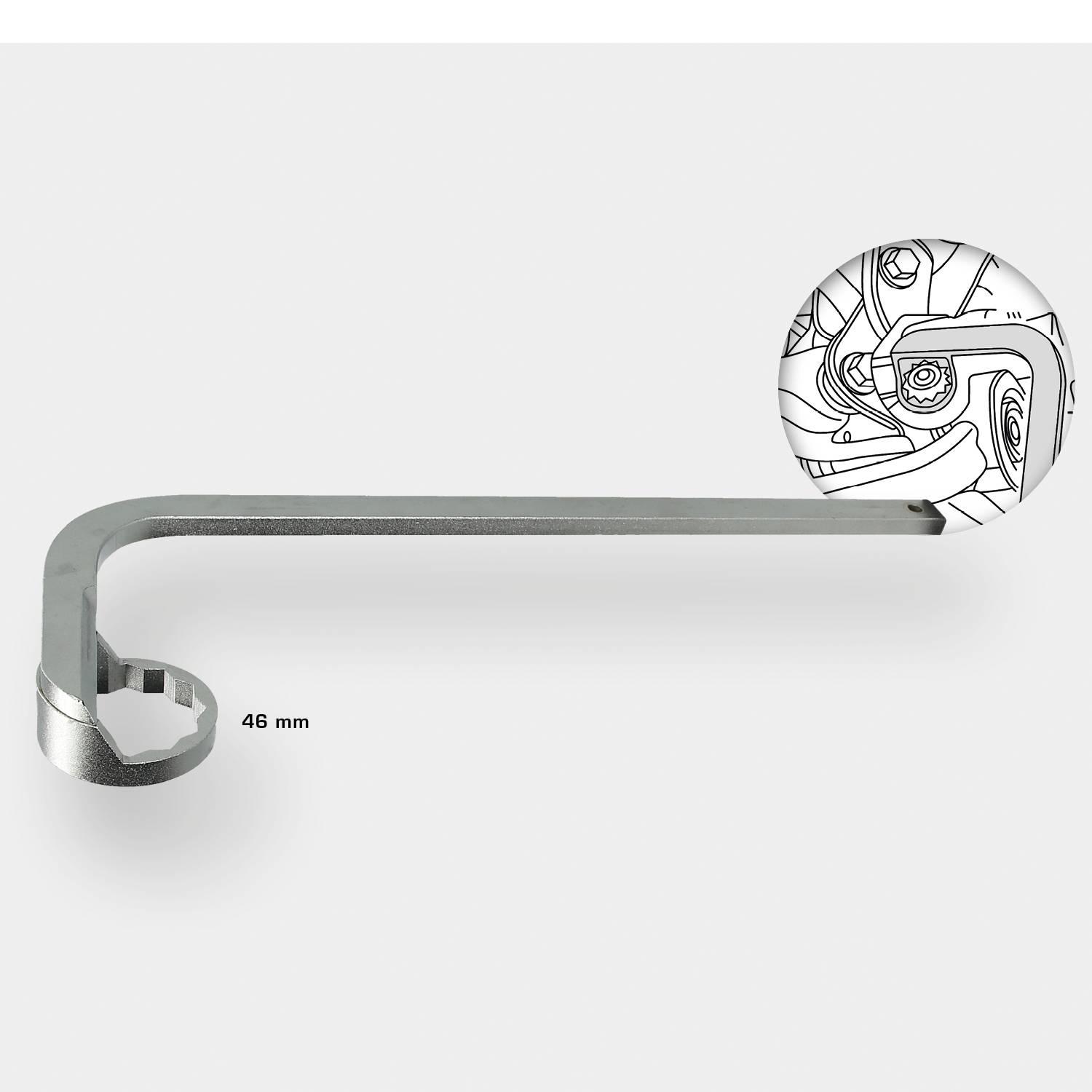 'Klucz L-kształtny z widokiem szczegółowym połączenia śrubowego, o rozmiarze 46 mm, na szarym tle.'