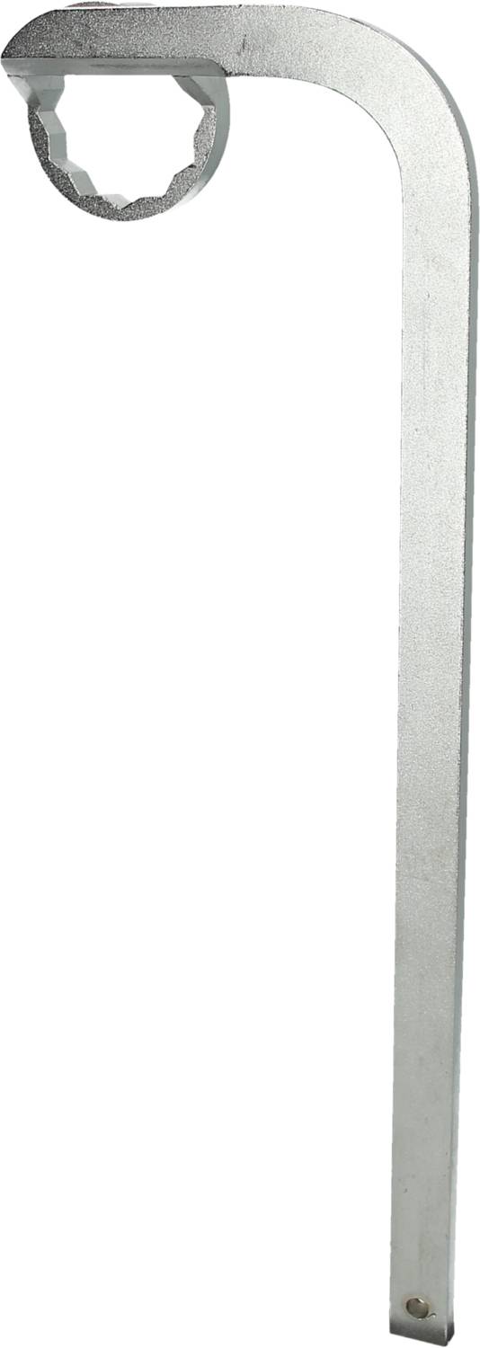 Srebrny klucz płasko-oczkowy z zakończonym pierścieniem uchwytem, używany do dokręcania nakrętek lub śrub.