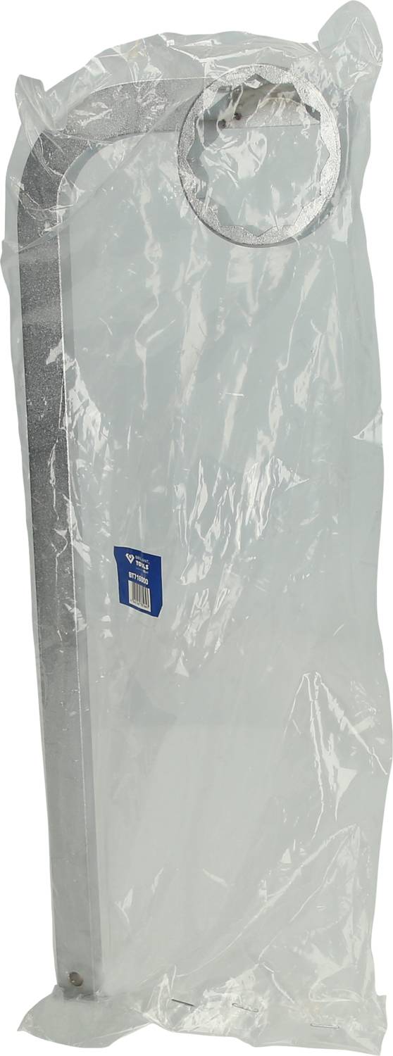 Opakowanie plastikowe z zakrzywionym elementem metalowym i okrągłą nakładką, prawdopodobnie część zamienna lub akcesorium.