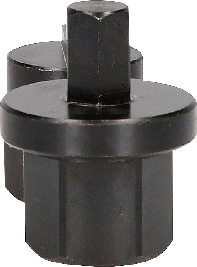 Czarny adapter metalowy z sześciokątną podstawą i wydłużonym, kwadratowym zakończeniem. Element narzędziowy do zastosowań specjalnych.