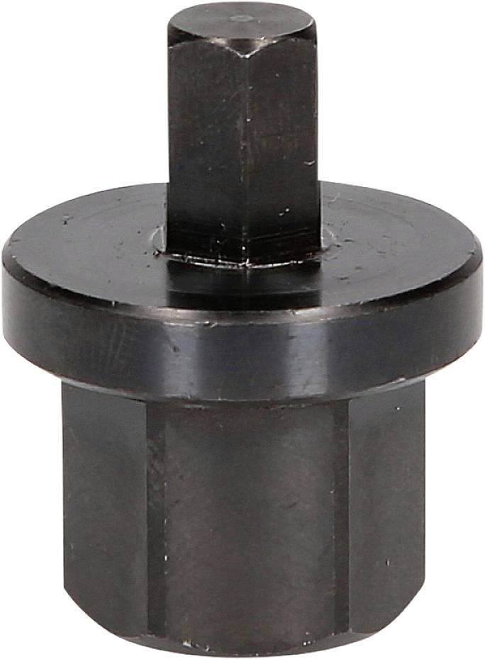 Czarny, sześciokątny przyrząd metalowy z płaską, okrągłą główką i krótkim, sterczącym trzpieniem skierowanym ku górze.