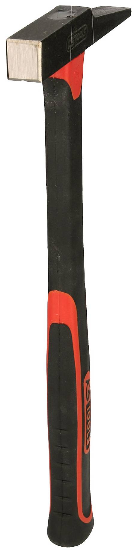 Czarny młot z czerwoną rękojeścią, kwadratową główką i płaską powierzchnią uderzeniową, odpowiedni do ogólnych prac budowlanych.