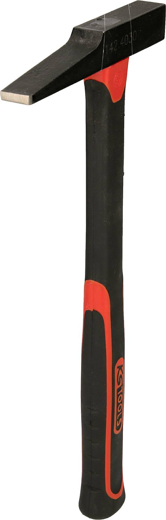 Czarny i czerwony młotek z płaską główką i antypoślizgowym uchwytem, odpowiedni do precyzyjnych prac rzemieślniczych.