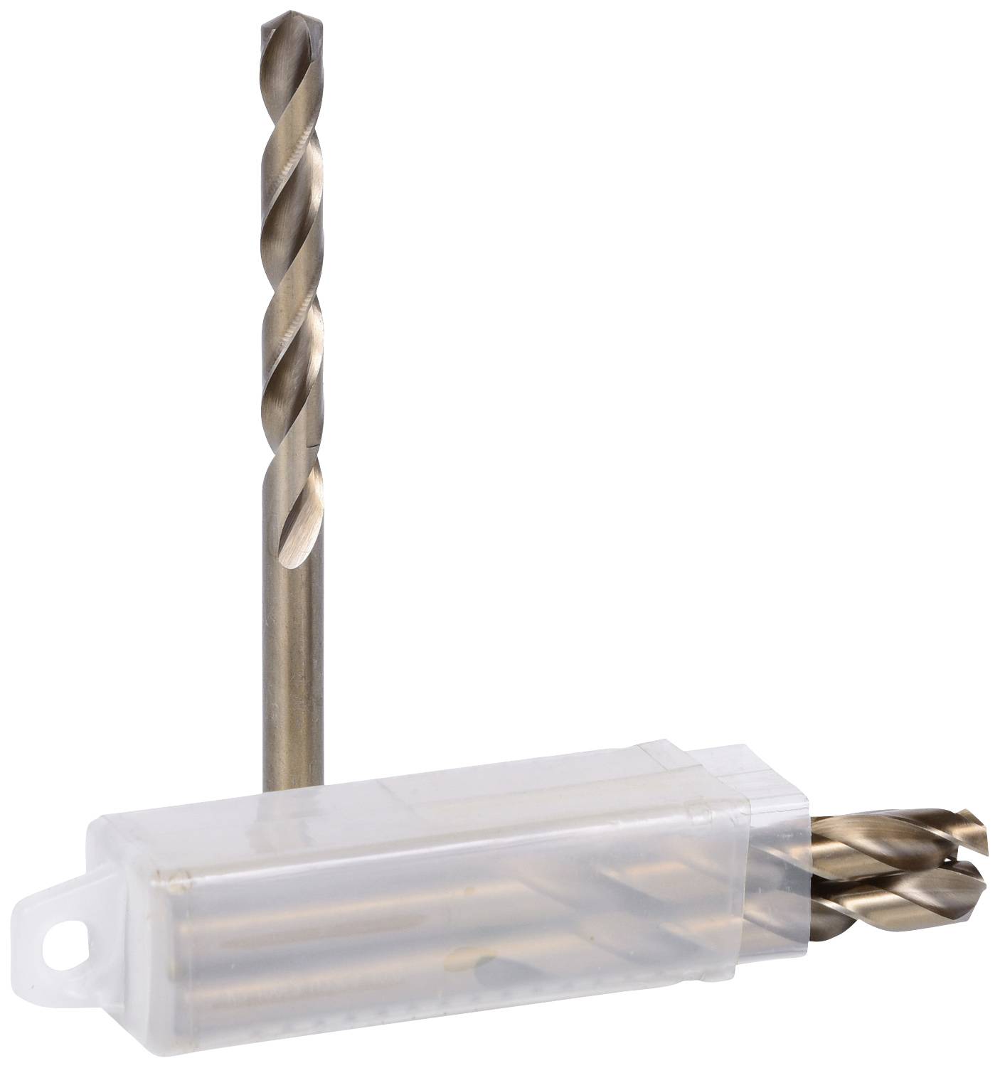 Zestaw wierteł w przezroczystym opakowaniu z tworzywa sztucznego. Pojedyncze wiertło stoi obok w pozycji pionowej.