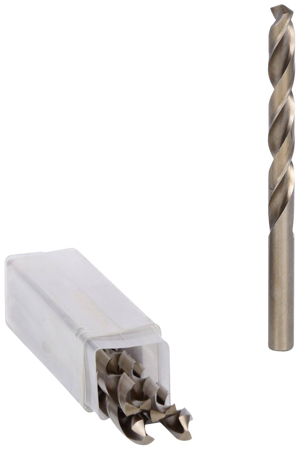 Wiertła metalowe: Jedno wiertło leży pionowo, sześć pozostałych jest częściowo widocznych w przezroczystym pudełku. Idealne do wiercenia w metalu.