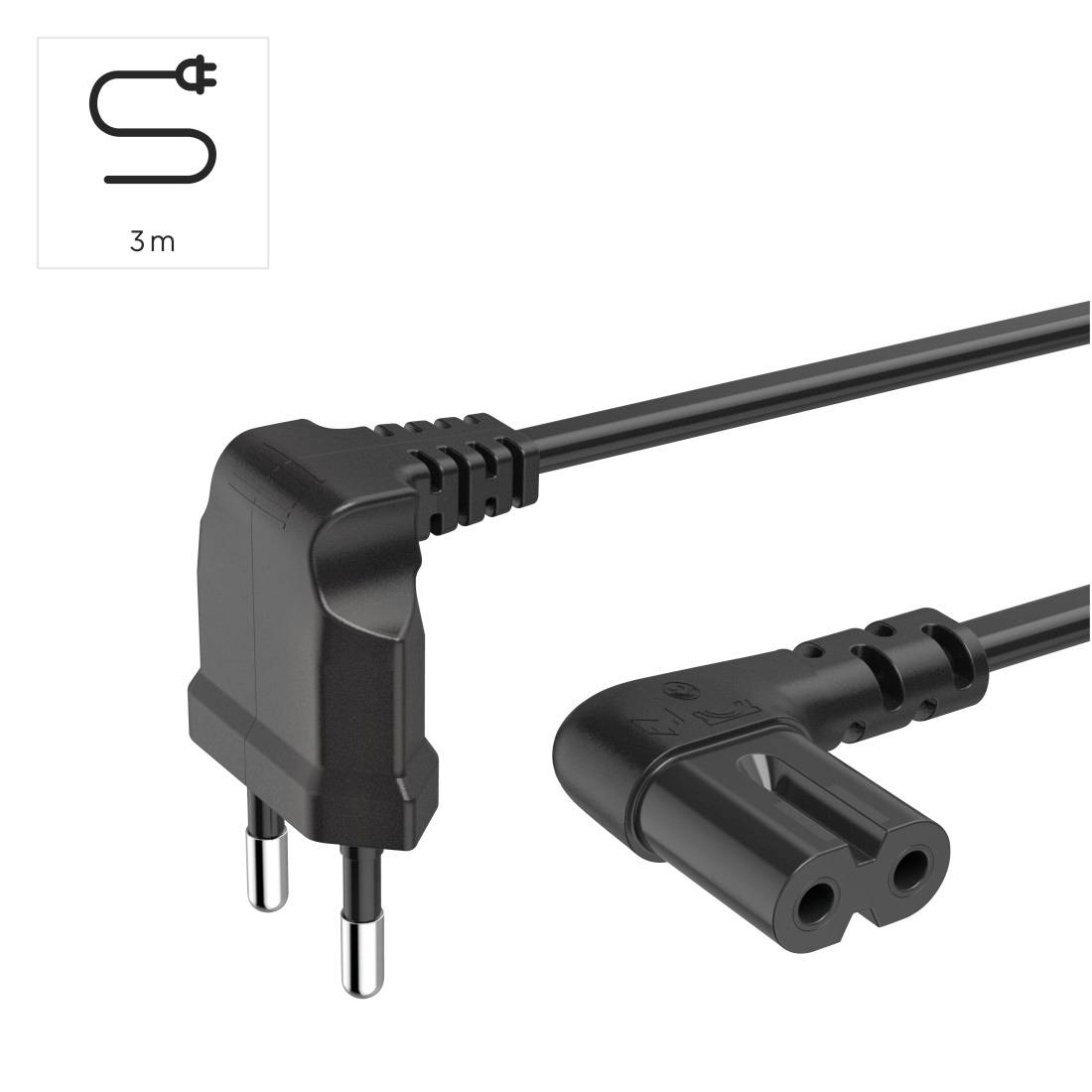 Czarny kabel sieciowy z wtyczką europejską, przeznaczony do zasilania 230V, o długości 3 metrów. Idealny do urządzeń domowych.