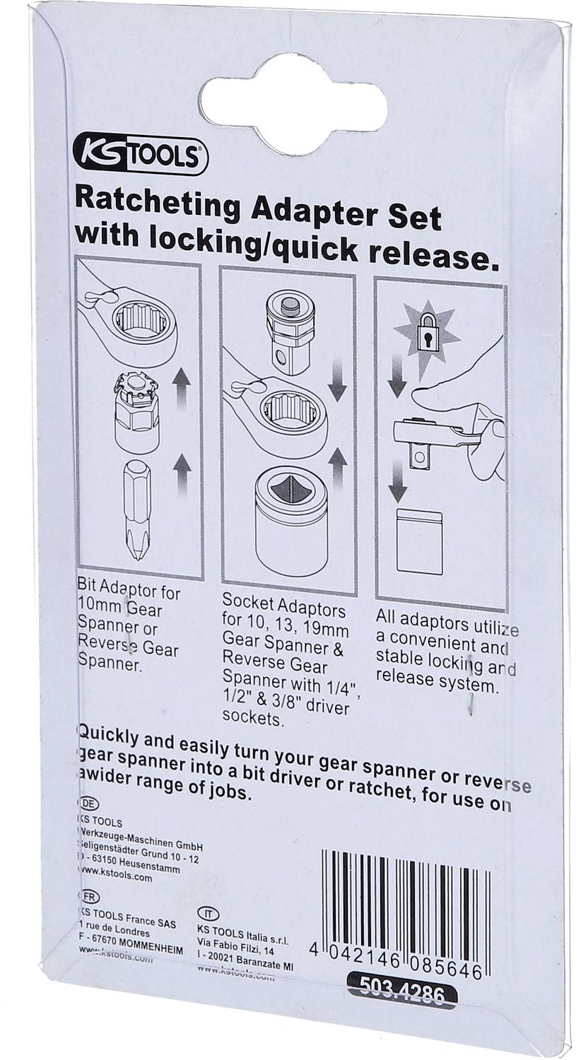 Zestaw adapterów grzechotkowych KS Tools z blokadą/szybkim zwalnianiem. Zawiera adaptery do bitów, adaptery nasadowe. Do kluczy 10, 13, 19 mm.