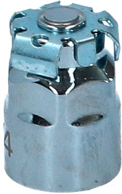 Metalowy element z zaokrągloną, karbowaną górną częścią i cylindrycznym korpusem. Wygląda na przemysłowy lub mechaniczny.