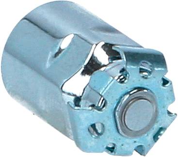 Srebrny adapter blokady koła o sześciokątnej konstrukcji z małymi okrągłymi otworami do zabezpieczenia przed kradzieżą opon samochodowych.