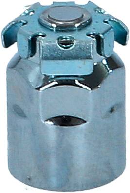 Srebrny metalowy zamknięcie do butelki, zakończone okrągłym guzkiem i wyposażone w boczne zaciski zabezpieczające.