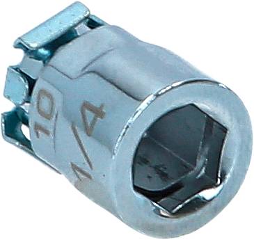 Wkładka metalowa z sześciokątnym otworem, prawdopodobnie element klucza nasadowego. Grawerowany rozmiar '10'.