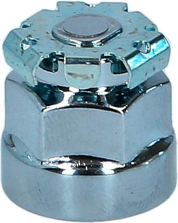 Metalowy sześciokątny element z żebrowaną górną częścią, stosowany w połączeniach mechanicznych lub jako złącze wtykowe.