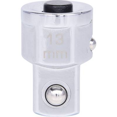 Adapter chromowany z napisem 13 mm, o błyszczącej powierzchni, mechaniczny element łączący z blokadą kulkową, akcesorium narzędziowe.