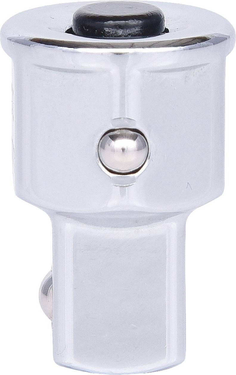 Srebrne metalowe narzędzie z kwadratowym złączem i przyciskiem, prawdopodobnie adapter do nasadek.