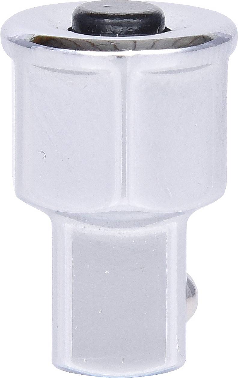 Metalowy adapter, błyszczący, z sześciokątnym trzpieniem i okrągłą górną powierzchnią. Element łączący, prawdopodobnie do narzędzi lub maszyn.