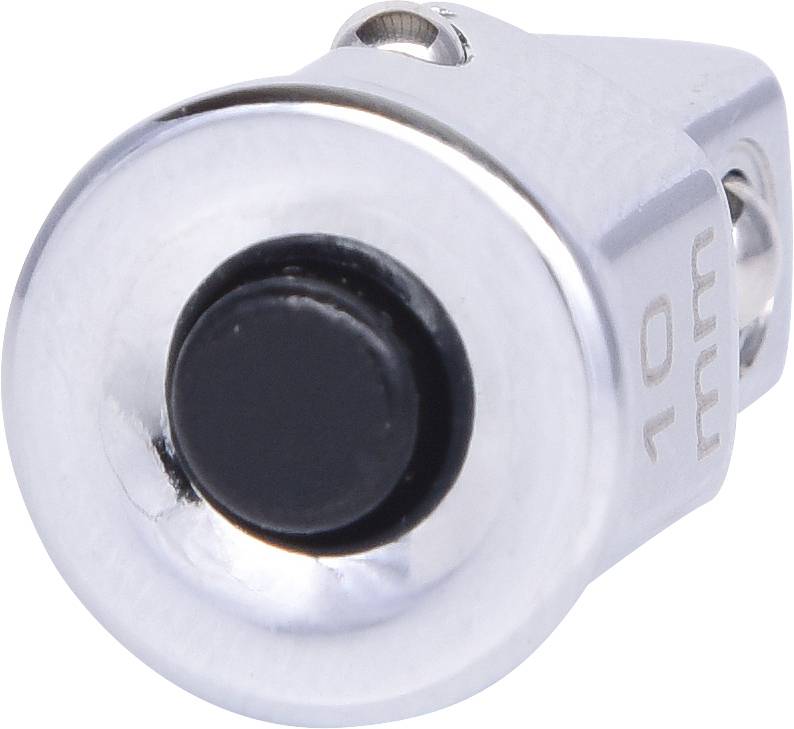 Srebrny adapter z czarnym przyciskiem i grawerunkiem '10 mm' na boku, prawdopodobnie wykonany z metalu.