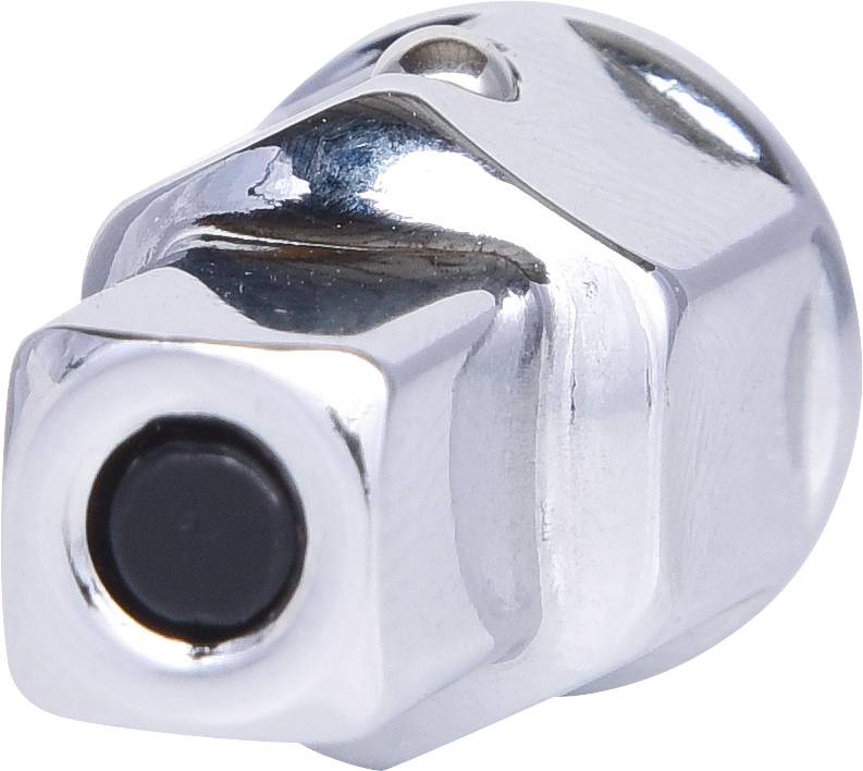 Chromowana metalowa część z czarnym okrągłym otworem z przodu. Prawdopodobnie element kompatybilny z pojazdem, taki jak czujnik.