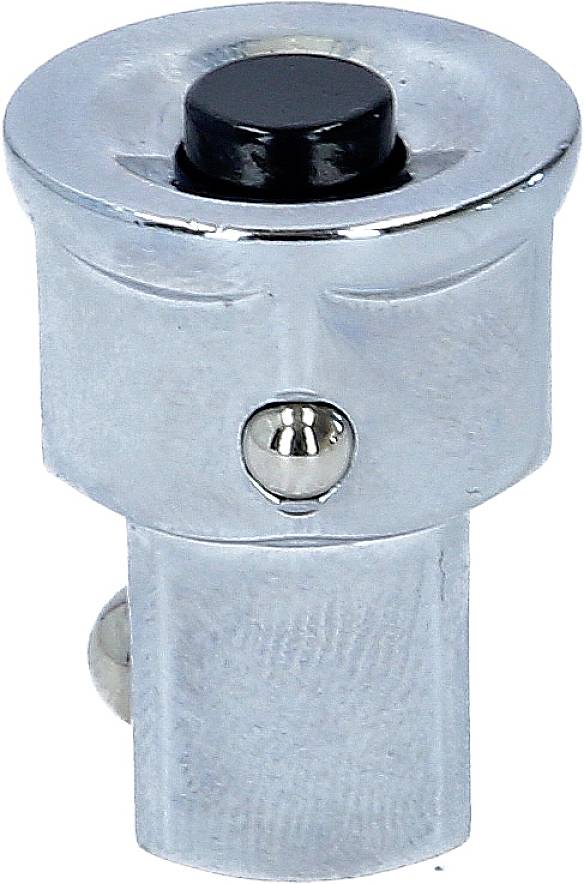 Metalowy adapter z czarnym przyciskiem na górnej powierzchni, przedstawiający mechaniczny element łączący z mechanizmem kulkowym.