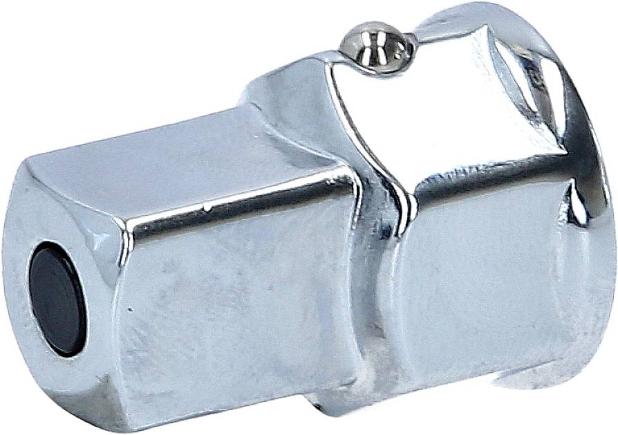 Srebrna metalowa nakrętka z czarną, okrągłą nakładką po jednej stronie. Jest sześciokątna o gładkich powierzchniach.