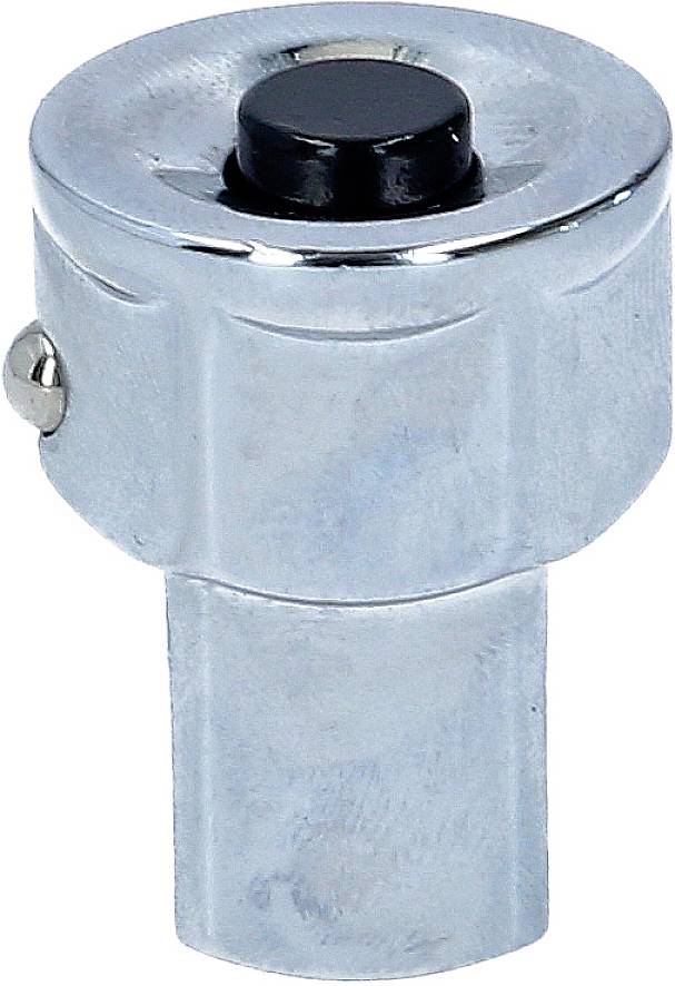 Metalowy czujnik magnetyczny, cylindryczny, z czarnym przyciskiem na górze, stosowany w systemach bezpieczeństwa do monitorowania pozycji.