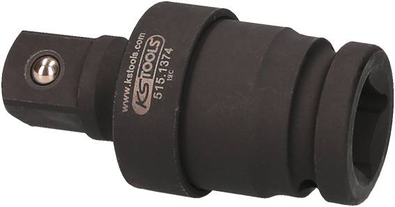 Czarny adapter firmy KS Tools z zabezpieczeniem kulkowym, stosowany do łączenia nasadek z narzędziami napędowymi, numer modelu 515.1374.