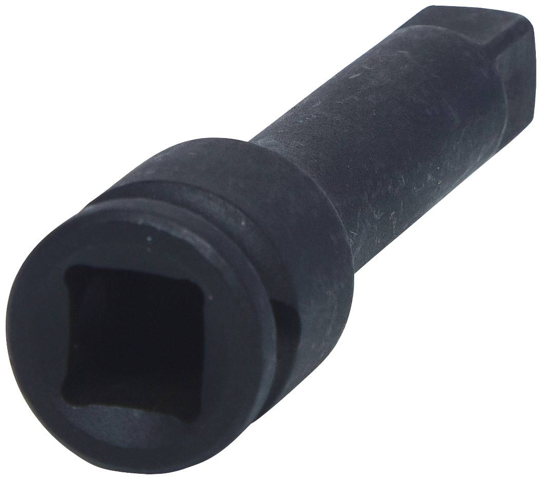 Czarny metalowy adapter narzędziowy z otworem o przekroju kwadratowym, używany do przykręcania większych nasadek do narzędzi.