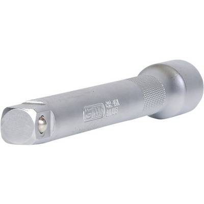 Srebrny metalowy adapter przedłużający do klucza nasadowego z żłobionym uchwytem i wygrawerowanym tekstem.
