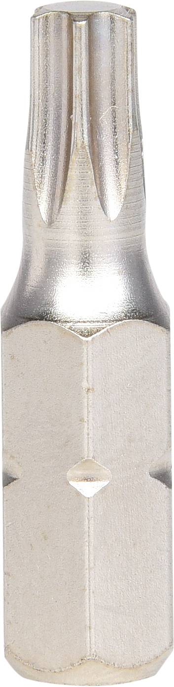 Srebrny bit wkrętaka Torx w zbliżeniu, o sześcioramiennym profilu gwiazdowym, przeznaczony do użytku w wkrętakach ręcznych lub elektrycznych.