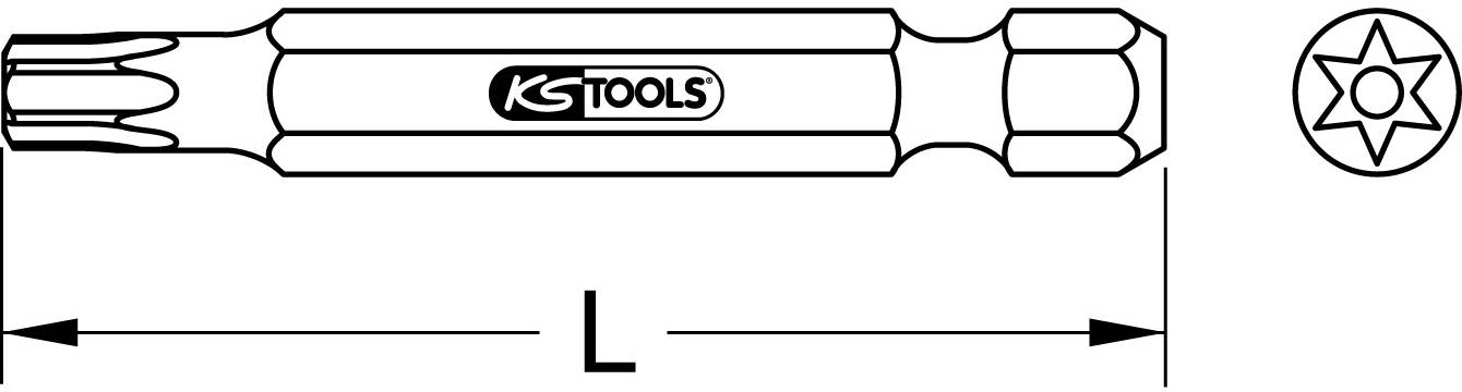 Wkrętak Torx firmy KS Tools, z końcówką w kształcie gwiazdy, oznaczony długością 'L'. Idealny do dokręcania śrub Torx.