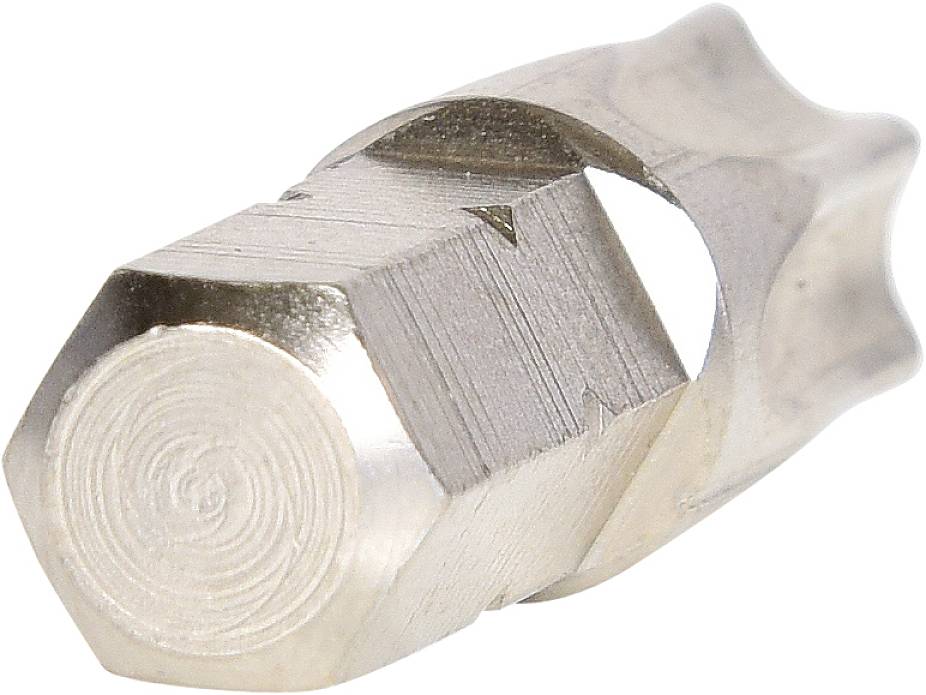 Sześciokątny element metalowy, prawdopodobnie narzędzie lub element łączący, składający się z błyszczącego materiału o sześciokątnym przekroju poprzecznym.
