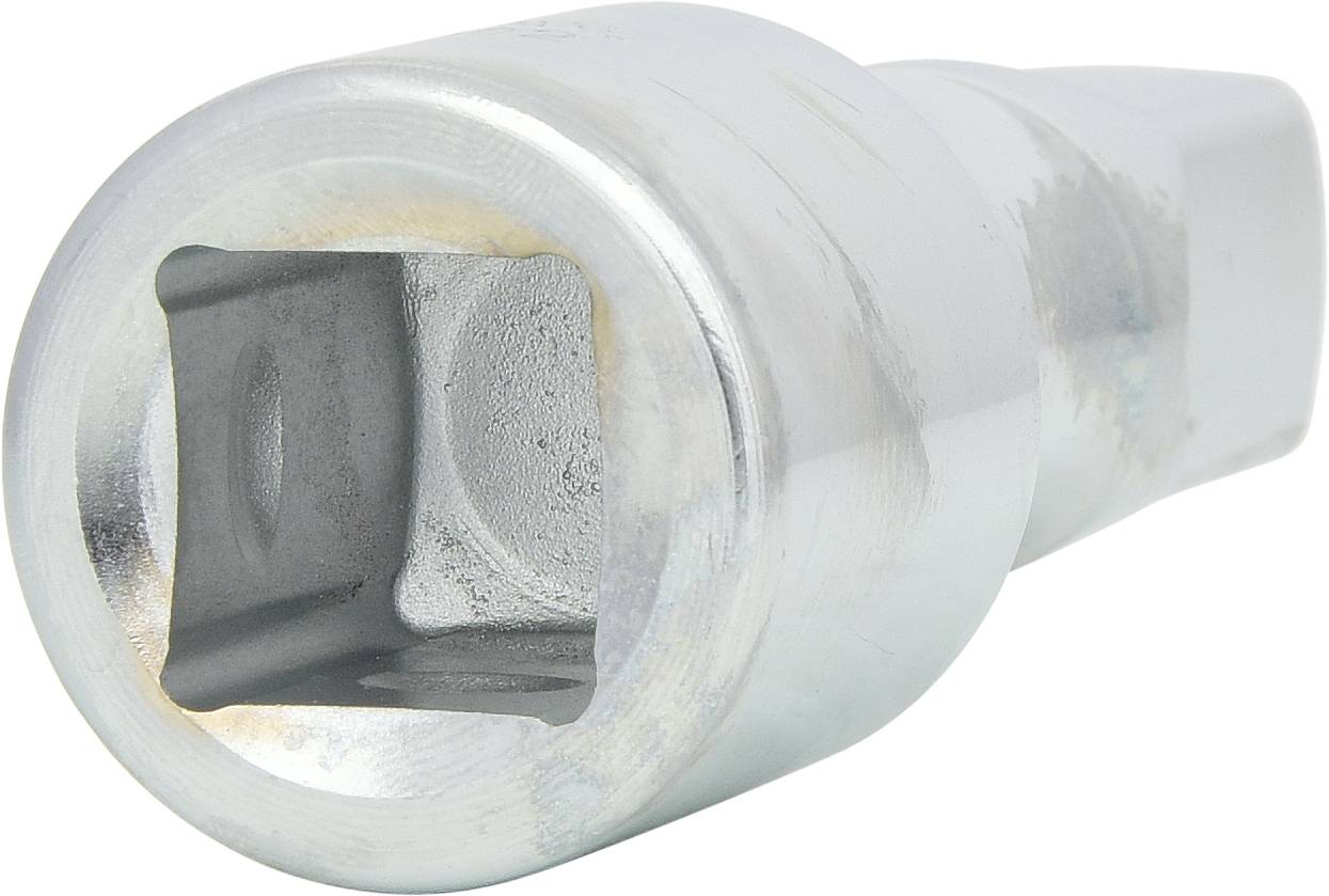 Metalowy adapter klucza nasadowego, w kolorze srebrnym, z kwadratowym otworem. Używany do dokręcania lub odkręcania śrub.