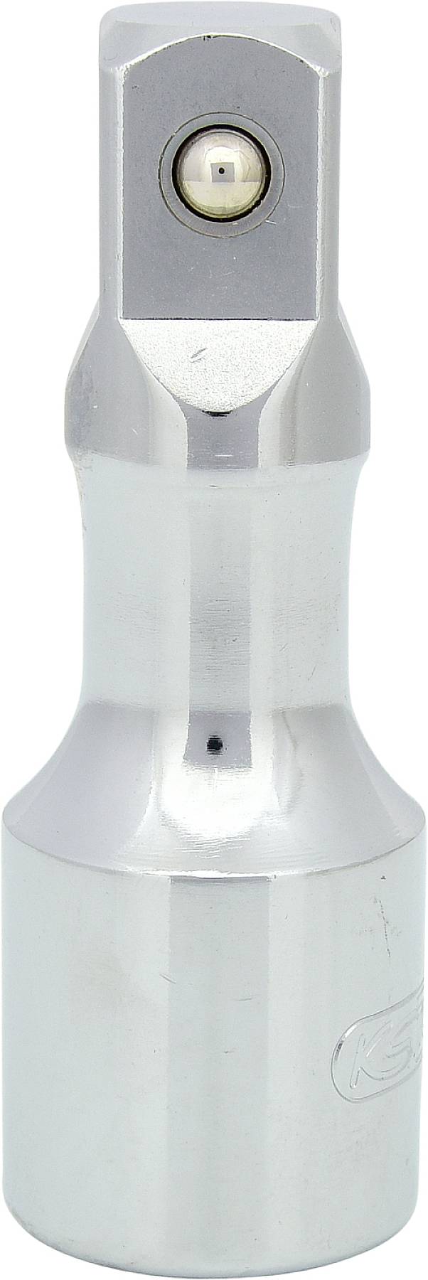 Cylindryczny metalowy adapter z kwadratowym otworem i kulką na czubku; używany do łączenia narzędzi z napędami.