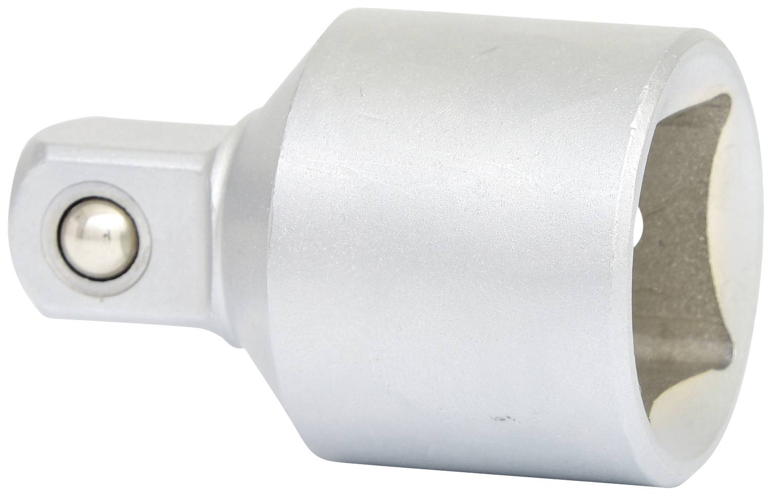 Srebrny adapter do narzędzi, posiadający kwadratowe wejście po jednej stronie oraz mechanizm mocujący po drugiej stronie.