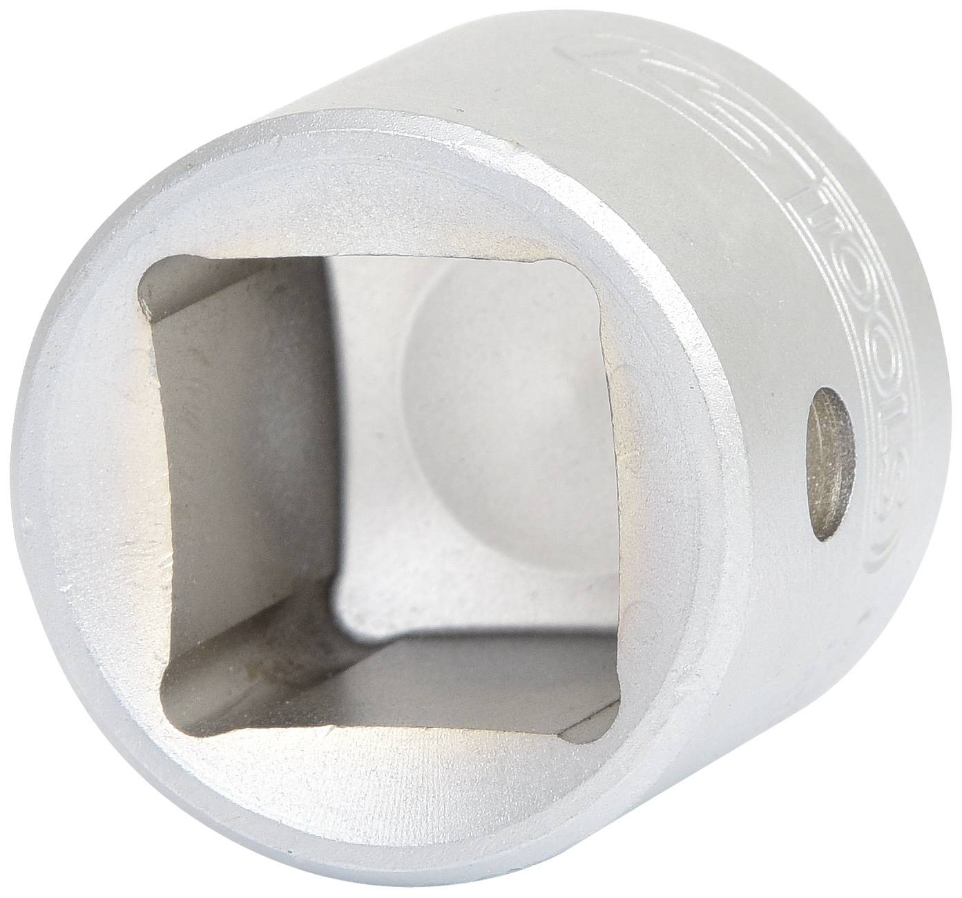 Srebrna nakrętka z kwadratowym otworem, używana do narzędzi przeznaczonych do odkręcania śrub i nakrętek.