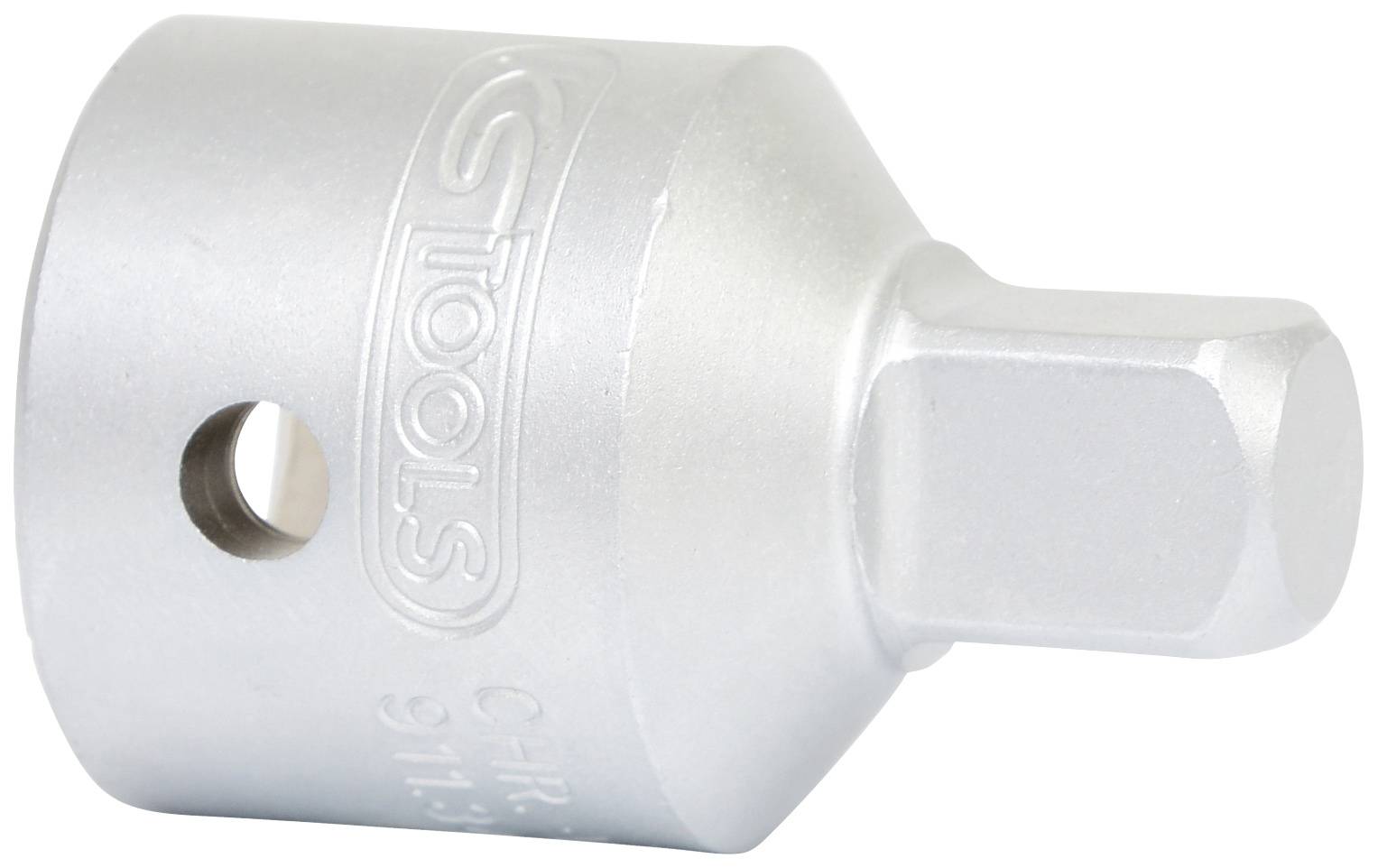 Adapter metalowy, cylindryczny, z kwadratowym zakończeniem i otworem z boku. Używany do mocowania końcówek narzędziowych.