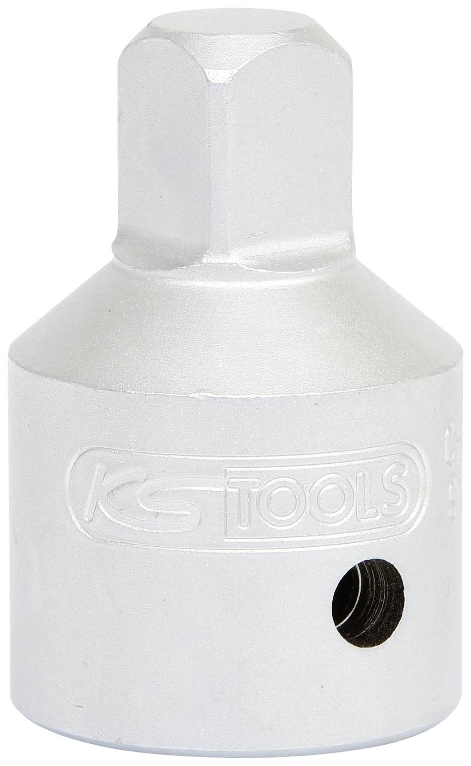 Metalowy adapter klucza nasadowego firmy KS Tools, o cylindrycznym kształcie z sześciokątną główką i otworem z boku, przeznaczony do narzędzi.