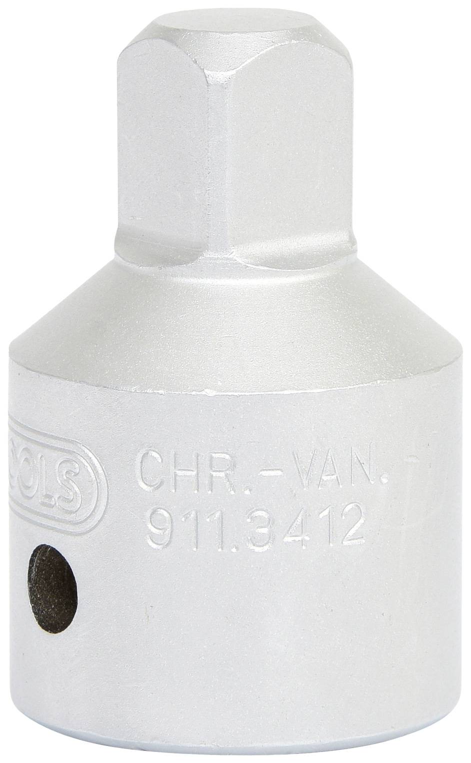 Srebrny sześciokątny adapter główki śruby z napisem 'CHR-VAN 911.3412'. Używany do mocowania lub odkręcania śrub.