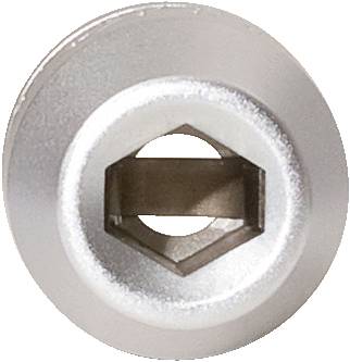 Zbliżenie główki śruby z gniazdem sześciokątnym w kolorze srebrnym.