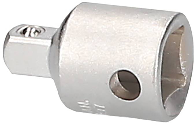 Metalowy nasadowy klucz z kwadratowym otworem i otworem bocznym, kompatybilny z grzechotkami lub przedłużaczami.