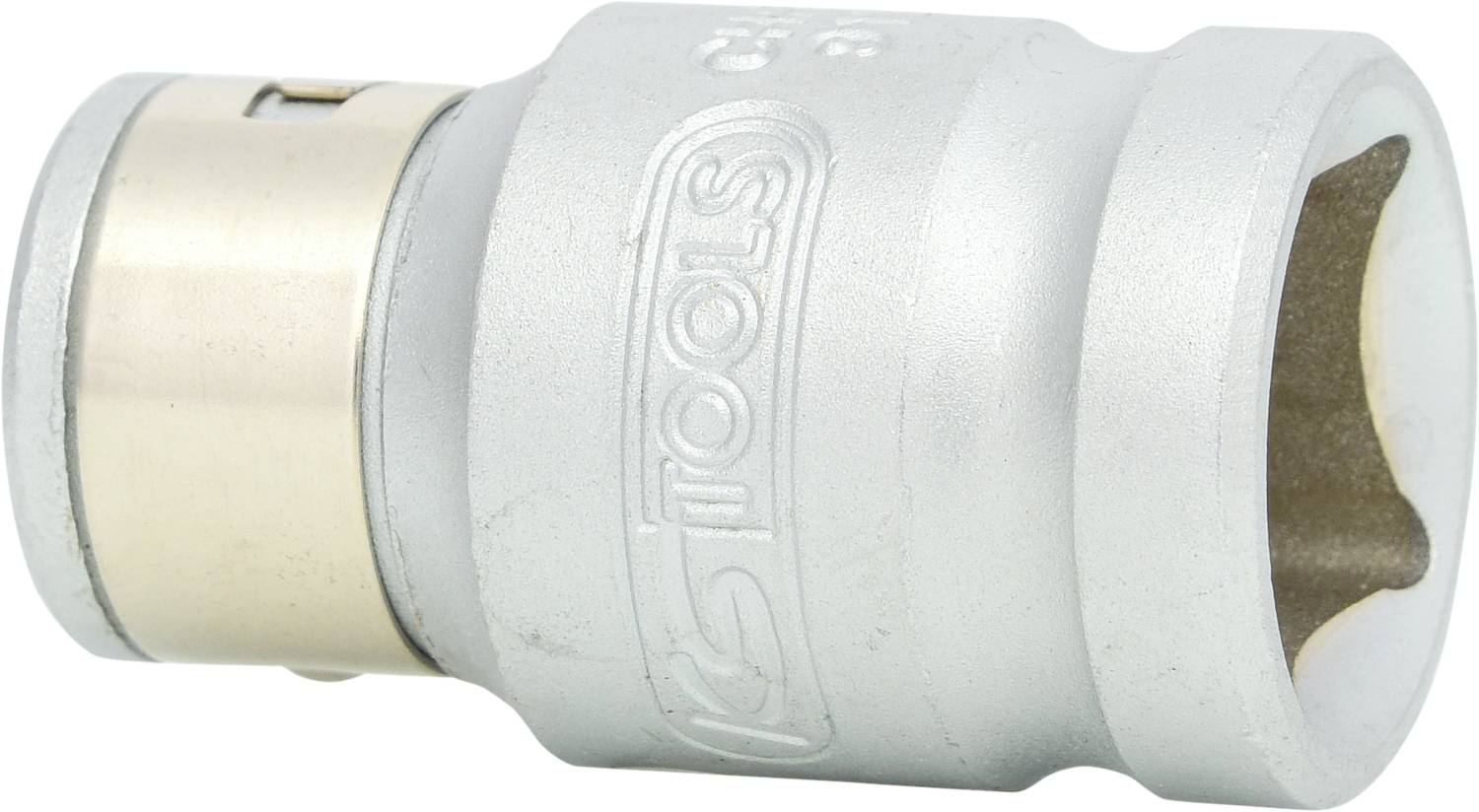 Klucz nasadowy metalowy, grawerowany z boku napisem 'TOOLS', cylindryczny, w kolorze srebrnym, służący do odkręcania i dokręcania nakrętek.