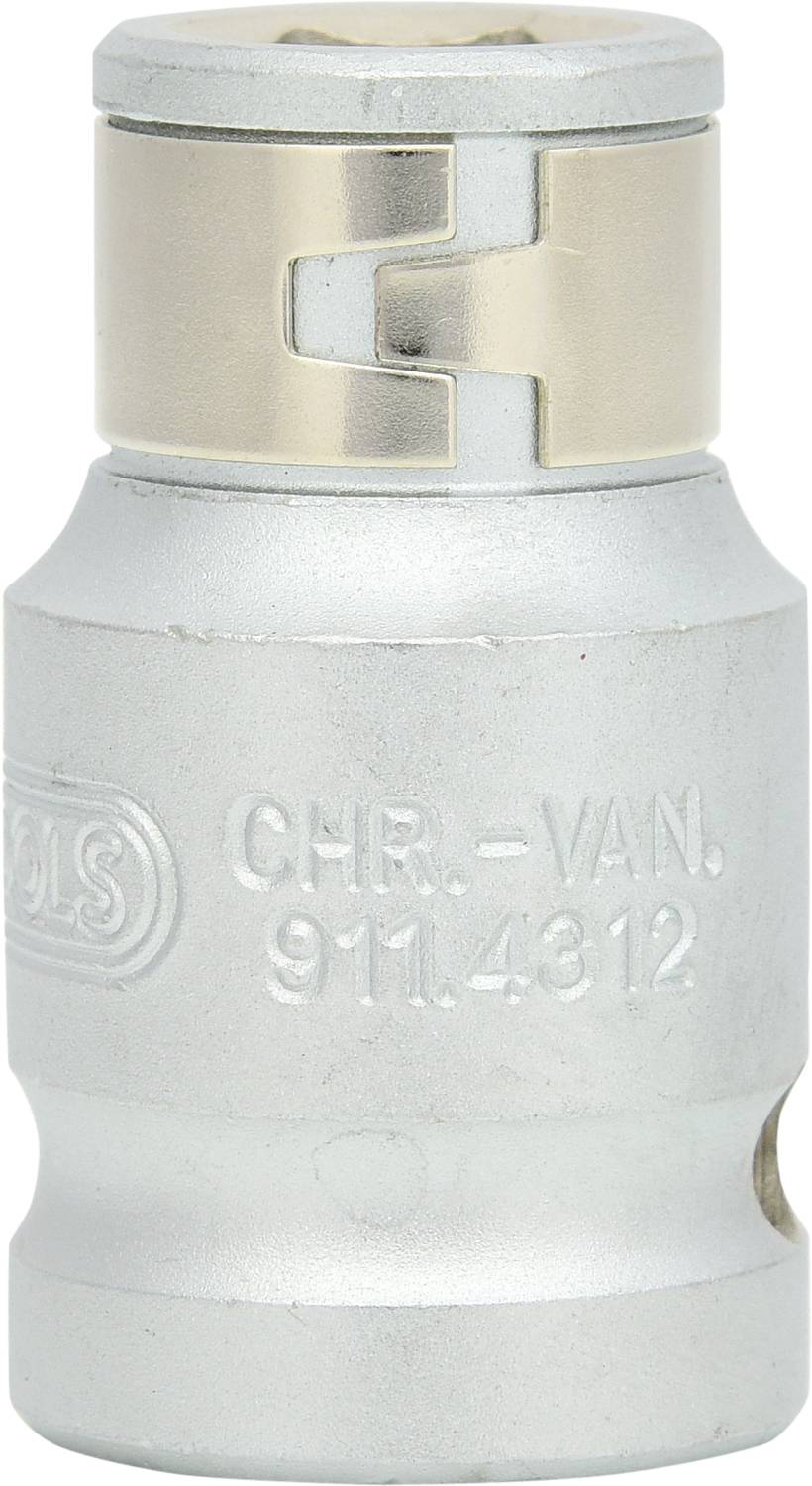 Srebrny klucz nasadowy z napisem 'CHR. VAN. 911.4312' oraz ruchomym złotym elementem łączącym na górze.