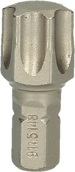 Srebrny bit Torx do śrub, rozmiar T40, z żłobkowanym trzonkiem i sześciokątną podstawą przeznaczony do użycia w wkrętakach.