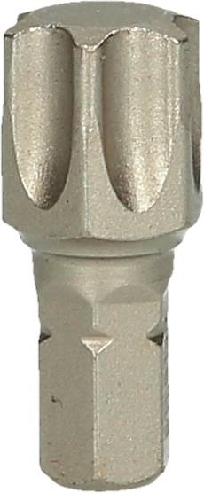 Końcówka bitowa z rowkowaną powierzchnią, odpowiednia do prac śrubowych, wykonana z metalowego materiału w kolorze srebrnym. Idealna do zastosowań narzędziowych.