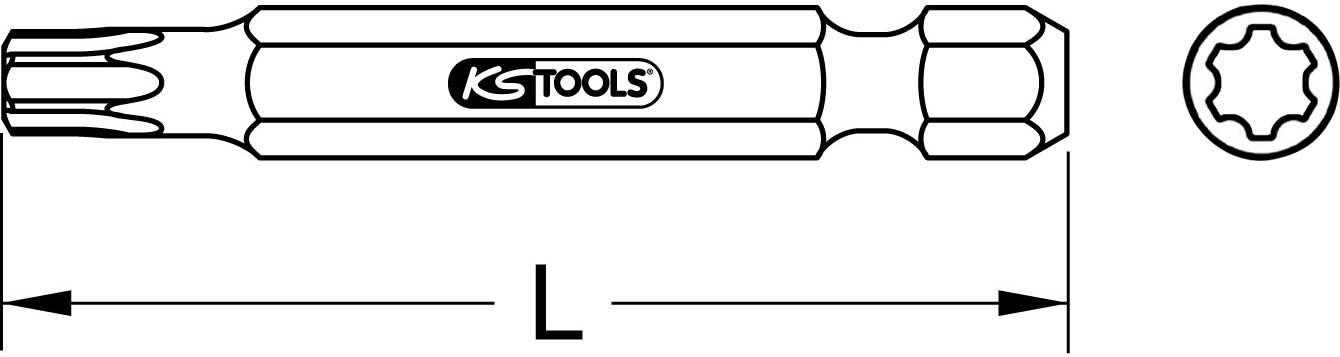Rysunek narzędzia z logo KS Tools. Po prawej stronie przekrój poprzeczny bitu w kształcie gwiazdy. Oznaczenie długości 'L'.