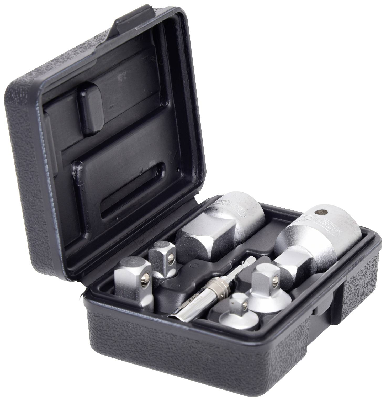 Czarny skrzynka narzędziowa z różnymi metalowymi końcówkami do bitów i nasadek, ułożonymi w sposób uporządkowany wewnątrz pudełka.