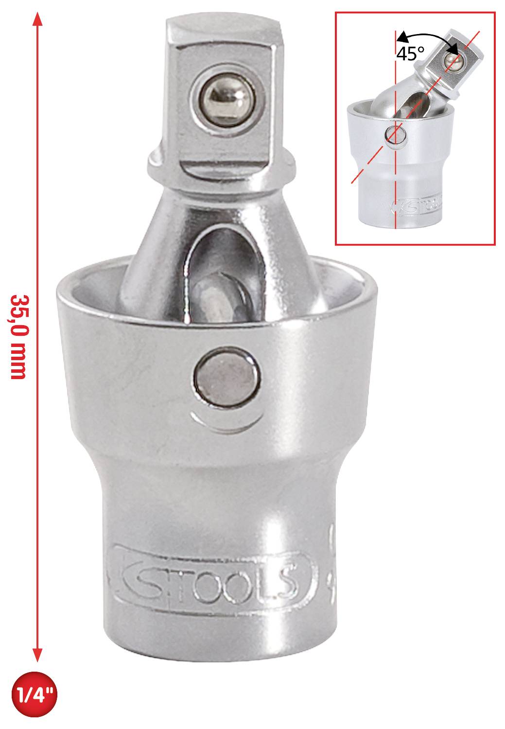 Srebrny adapter klucza przegubowego z napędem 1/4 cala, możliwy do pochylenia do 45 stopni, o długości 350 mm, szczegółowy widok w prawym górnym rogu.