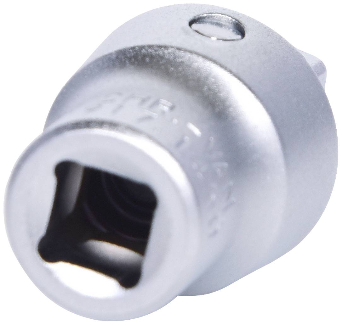 Srebrny adapter z kwadratowym otworem na jednym końcu, używany jest do mocowania końcówek narzędziowych.